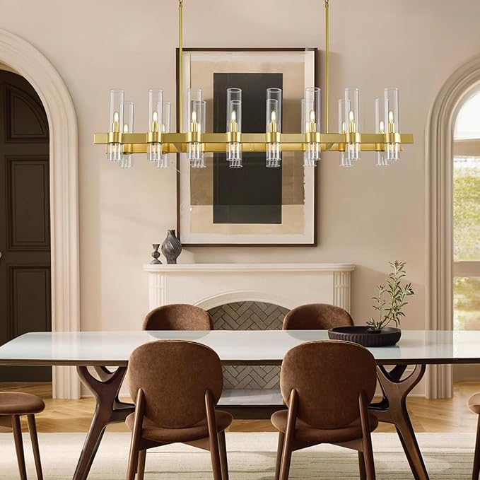 Modern Gold Linear Chandelier for Dining Room, 54'' Rectangular Dining Chandeliers Over Dining Table 16 Light, Linear Chandelier Lighting Fixture with Glass over Kitchen Island, Includes Bulbs