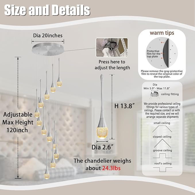 H120'' Long Crystal Raindrop Chandelier 12 Lights Foyer Pendant Lighting Entrwey High Ceiling Chandeliers LED Dimmable Lighting…