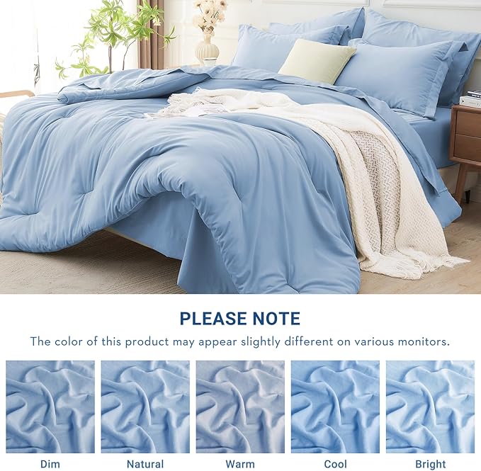 MUXHOMO 7 Pieces Queen Comforter Set, Soft Bed in a Bag Queen Size, All Season Bedding Set with Comforter, Flat Sheet, Fitted Sheet, Pillowcases & Shams, Greyish Blue