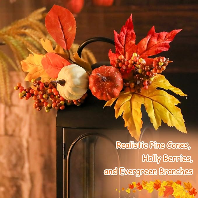 BDOR 2 Pack Fall Lanterns Decor with LED Candle – 16" Stainless Steel & Tempered Glass Lanterns with Harvest Pumpkin Maple Leaf – Premium Thanksgiving Centerpiece for Indoor Outdoor Use