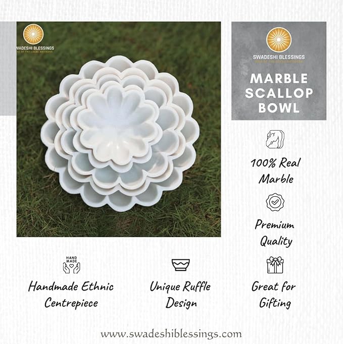 SWADESHI BLESSINGS HandCrafted Marble Decorative Bowl | White Ruffle Scalloped Fluted Key/Fruit Ring Dish | Organic Modern Home Decor (7 Inches)