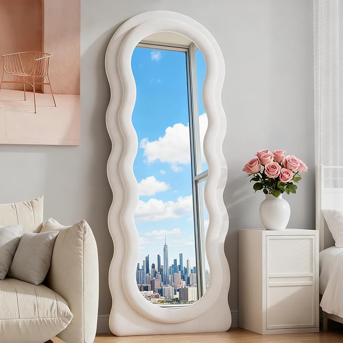 Full Length Mirror, 63"x24" Wavy Floor Mirror, Arched Standing Mirrors Full Length, Cloud Shaped Flannel Wall Mirror, Dressing Body Mirrors Hanging or Leaning Against Wall for Bedroom (White)