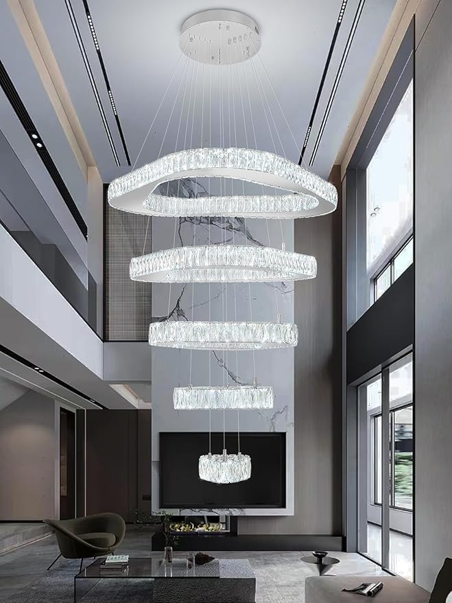 Large Modern Chandelier 5 Ring Chandeliers for High Ceiling Dimmable Chrom Chandeliers High Ceiling Foyer Chandelier for Living Room Dining Room Staircase