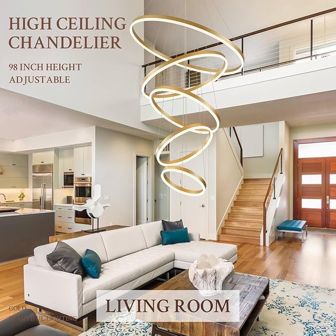 5-Rings D31.5’’ Modern LED Chandelier Gold Dimmable High Ceiling Chandeliers Foyer with Remote Control for Entryway Living Room Dining Room Staircase, 3000K-6500K