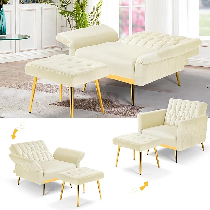 Velvet Accent Chair with Adjustable Armrests and Backrest, Button Tufted Lounge Chair, Single Recliner Armchair with Ottoman and Pillow for Living Room, Bedroom,Beige