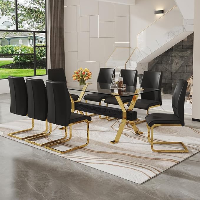 71'' Glass Dining Table Set for 8,9 Piece Dining Table Set with Open‑Frame X‑Shaped Golden Metal Base,Gold Kitchen Table and Chairs Ideal for Dining Room&Home Office
