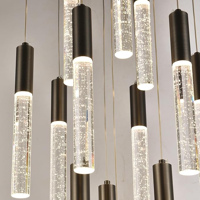 Round Black Chandelier, Modern Raindrop Hanging Lights, Large Dimmable High Ceiling Lamps, LED Crystal Pendant Lighting for Staircase Living Room Dining Room Farmhouse