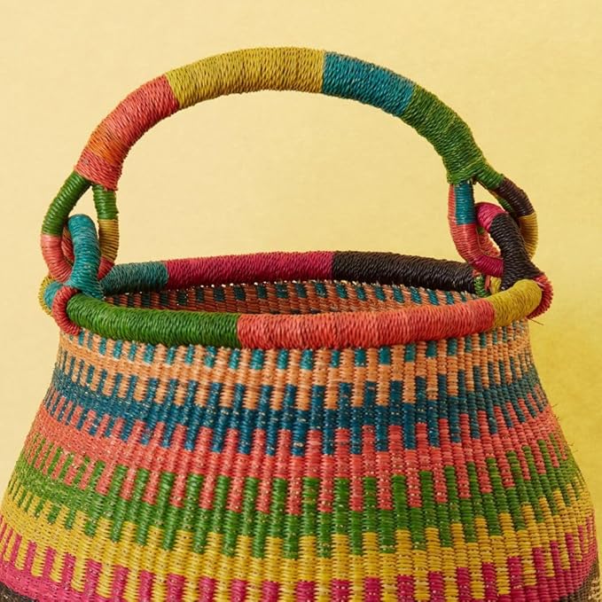 Home & Kitchen Decor, Wicker Basket, Picnic Basket, Living Room Basket, Organizing, Harvesting, Foraging, Fruit Storage, Hand Woven, Pot Shape, 16" Wide, Boho - Black Colorful