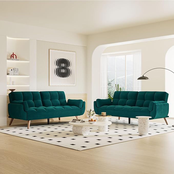 Futon Couch for Small Spaces & Apartment, 2-in-1Modern Comfy Loveseat Convertible Sofa Bed, 75.4-Inch Compact Design for Living Room, Dorms, and Studios-Green