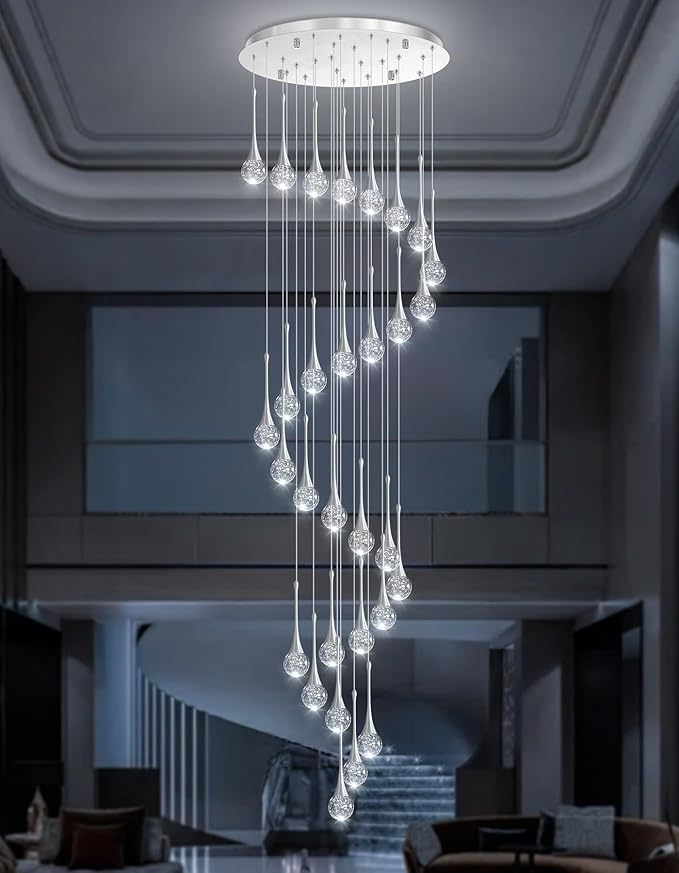 30 Light Modern Glam Crystal Chandelier for High Ceiling LED Dimmable Ceiling Pendant Light Staircase Foyer Enterway Living Room Chandelier Lighting Antique Silver