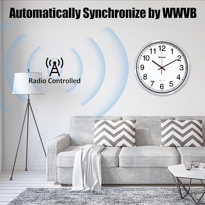 Geevon 12 Inch Atomic Wall Clock - Self-Setting Analog Clock with Automatic Time Sync - Battery Operated for Home Office School - Silver Frame