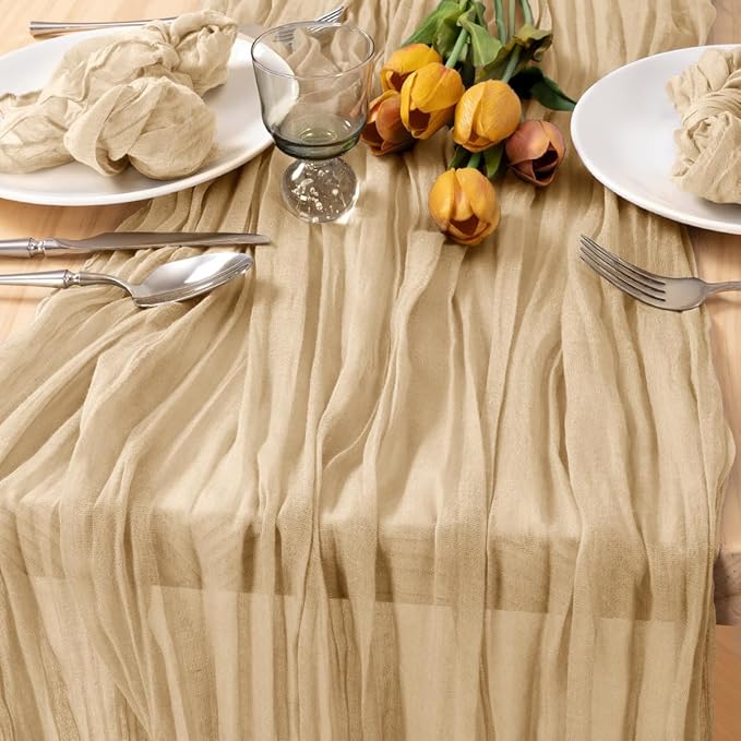 MLMC 3 Pack Champagne Cheesecloth Table Runner 10ft Sand Rustic Gauze Cheese Cloth Table Runner 35x120 Inches for Farmhouse Cozy Holiday Outdoor Events Home Decor