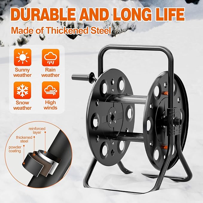 Metal Garden Hose Reel, Portable Outdoor Floor Stable Water Pipe Holder Freestanding, Holds 100-150 Ft of Hose Storage Capacity, UV Resistance, Hose Winder for Outside, Irrigation, Cleaning
