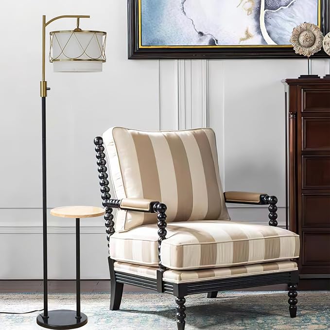 Dimmable Floor Lamp with Wooden Table and Marble Base, Boho Farmhouse Arc Standing lamp with Fabric & Metal Lampshades for Living Room Bedroom