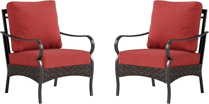 PHI VILLA Outdoor Wicker Chairs Sofa of 2, All Weather High Back Rattan Chairs 2 Seats with Comfy Cushions for Porch Deck