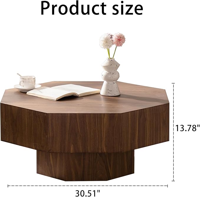 31.51" Coffee Table, Mid Century Modern Accent Coffee Tables, Octagonal-Shaped Wooden Centre End Table for Living Room Home Furniture - Walnut