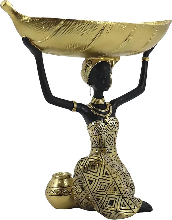 African Woman Resin Statue Holding Leaf Bowl – Golden Tribal Kneeling Figurine for Jewelry Tray, Snack Holder, Home Shelf Decor