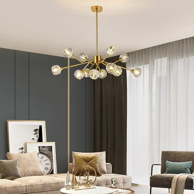 Sputnik Chandeliers Modern Crystal Pendant Lighting Gold Chandelier 12 Lights Mid Century Ceiling Light Fixtures for Dining Room Kitchen Island Living Room Bedroom Bar