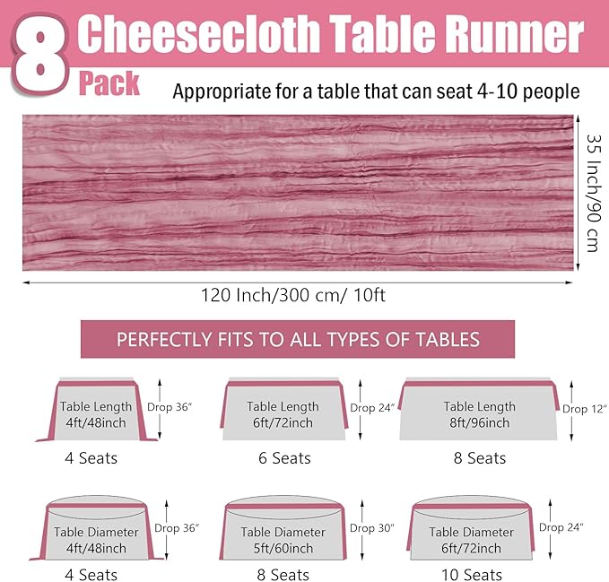 8 Pack 10ft Dusty Rose Cheese Cloth Table Runner 35x120 Inches Boho Gauze Rustic Wedding Cheesecloth Table Runners, Long Romantic Sheer Table Runner for Wedding Bridal Baby Shower Party Decor