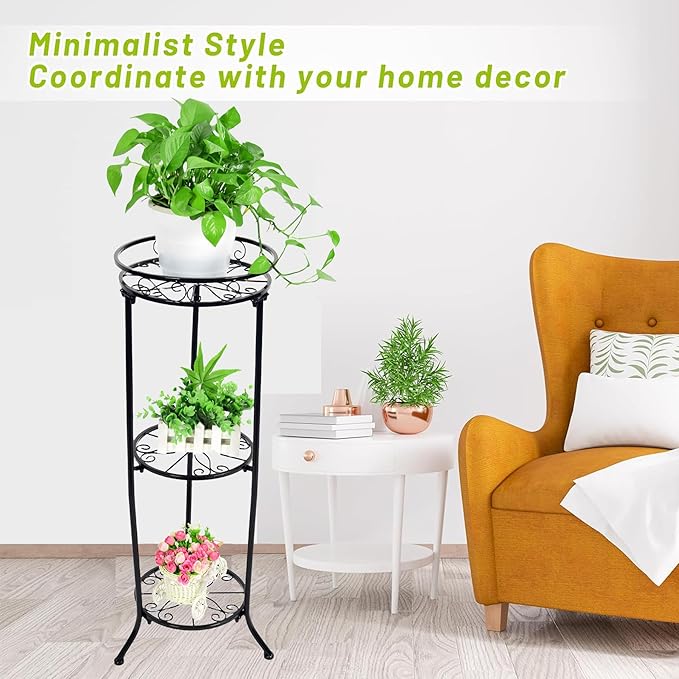 Plant Stand Indoor Outdoor, 3 Tier Tall Black Metal Plant Stands, 35 inch Round Multiple Plant Rack Holder Rack Flower Pot Stand Heavy Duty Plant Shelf for Patio Balcony Garden Living Room