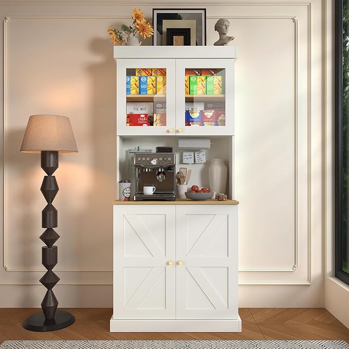 71" Tall Farmhouse Kitchen Pantry, Large Storage Cabinet with Glass Doors, Freestanding Coffee Bar Hutch with Microwave Stand, Adjustable Shelves for Kitchen, Living Room, White