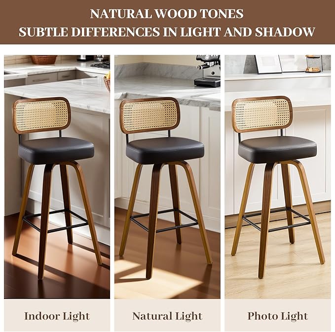 Swivel Counter Height Bar Stools Set of 4, Upholstered Faux Leather Barstools with Rattan Back, 26" Seat Height Bar Chairs for Kitchen Island, Bentwood Wood Frame, Black