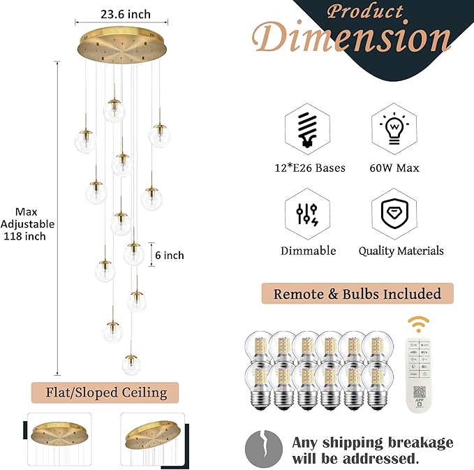 KoKo&Yukina 12-Light Gold Mid Century Modern Chandelier for Living Room Staircase Chandelier for Entryway Clear Globe Glass Chandelier High Ceiling Chandeliers Foyer Entryway (Bulb & Remote Incl.)
