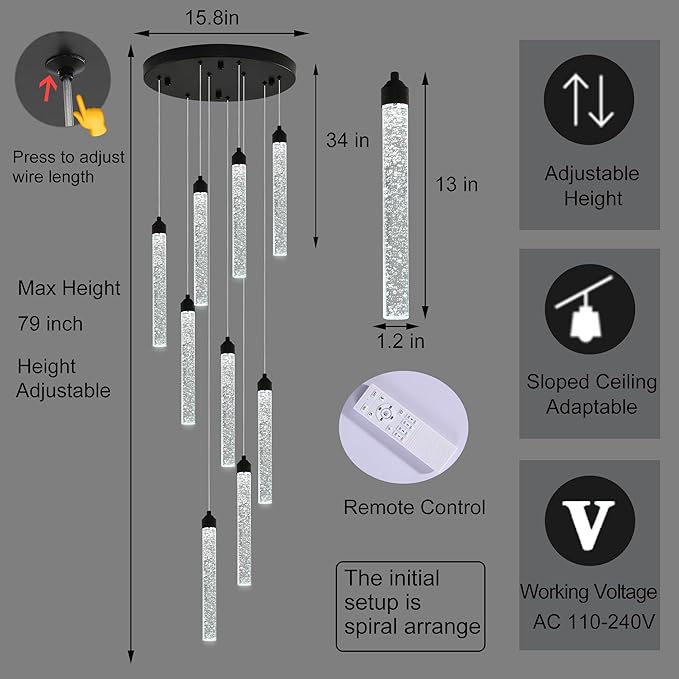 9-Lights High Ceiling Crystal Staircase Chandelier Black Pendant Lights Modern Spiral Raindrop Dimmable LED Bubble Cluster Ceiling Hanging Lighting Fixture for Foyer Living Room Remote Control