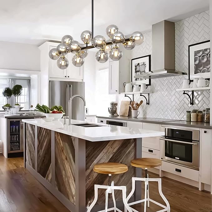 Mid Century Modern Chandelier, 39in 16-Lights Bubble Chandelier Glass Globe Pendant Light Linear Sputnik Chandeliers Light Fixtures for Dining Room, Kitchen Island