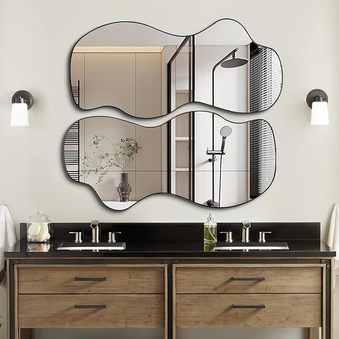 POZINO Irregular Mirror, Asymmetrical Wall Mirrors, 40"x18" Frameless Wall Mirrors Decorative, Modern Waved Shaped Mirror for Living Room Bathroom Bedroom Hallway Entryway Fireplace