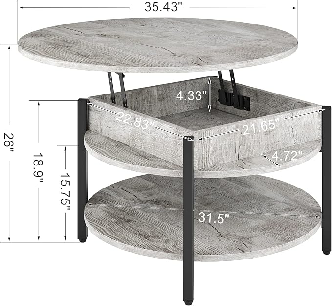 FABATO Round Lift Top Coffee Table, 35.43" Circle Coffee Table with Storage for Living Room Reception Room, Farmhouse 2 Tier Large Round Dining Table, Wood, Gray