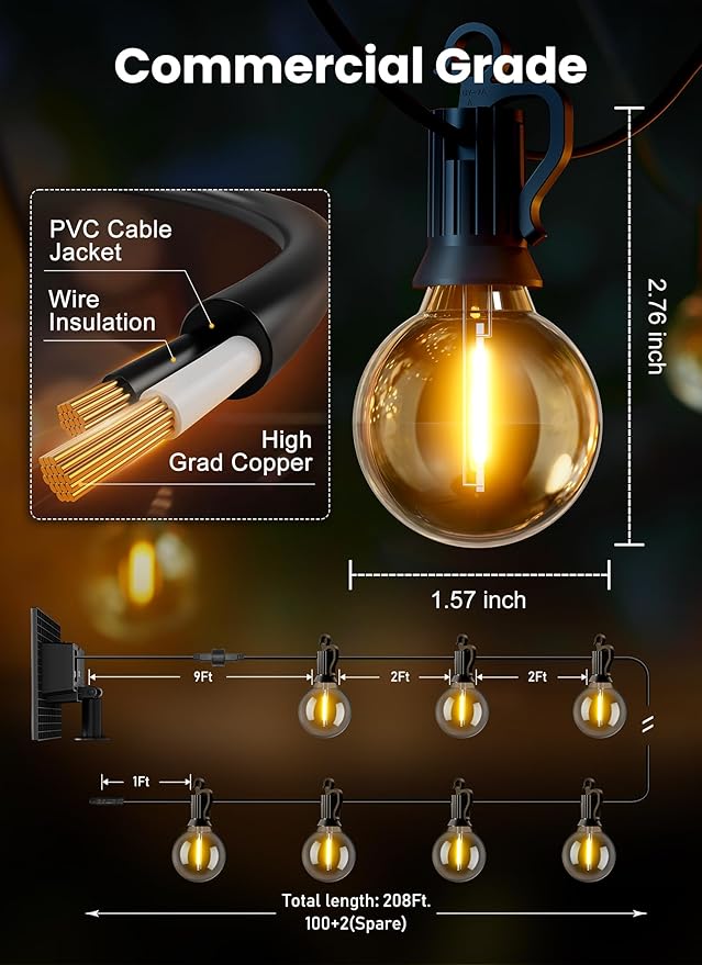 Brightown 208FT Solar String Lights Outdoor with Remote and 102 LED Shatterproof Bulbs, Dimmable & Timable, 3 Light Modes, Solar Patio String Lights Outdoor for Cafe, Garden, Deck, Outside Wedding