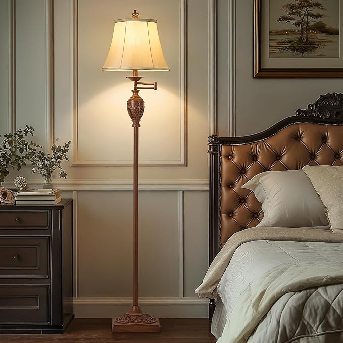 Traditional LED Floor Lamp with 350° Adjustable Swing Arm Lamp – Vintage Standing Pole lamp for Living Room, Bedroom and Office – Rustic Upright Floor Light for Home Décor with Faux Silk Fabric Shade