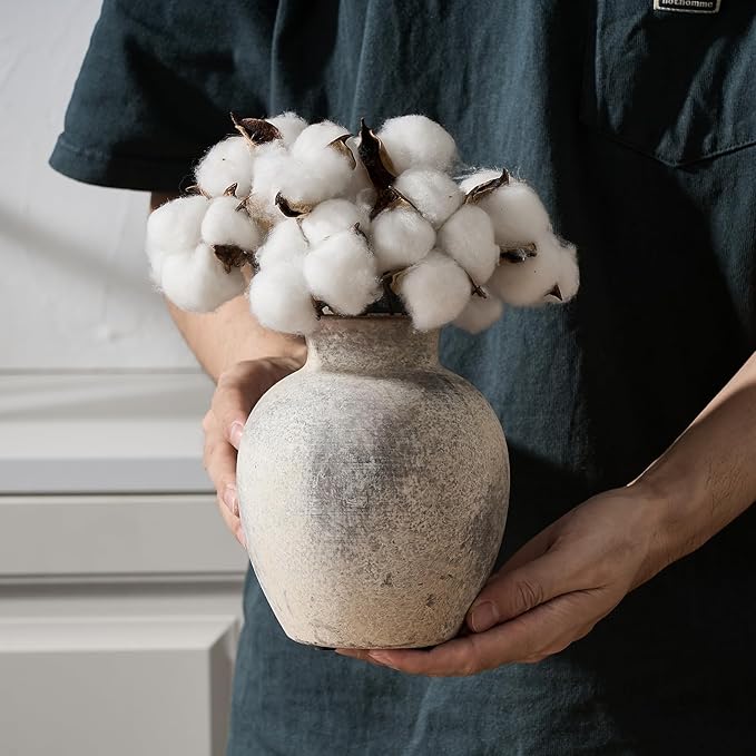 SIDUCAL Ceramic Decorative Flower Vase | 6 Inch Pottery Rustic Farmhouse | Boho | Whitewashed Terracotta Vase for Home Decor, Table, Living Room, Bathroom, Shelf, Mantel Decoration