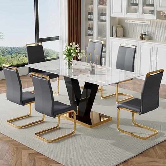 71'' Dining Room Table Set for 6,Marble Dining Table Set,Modern Kitchen Table with 6 PU Leather Chairs,Gold Dining Table Set with V-Shaped Black Glossy Pillars,Ideal for Kitchen Dining Room