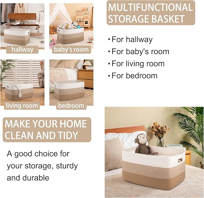 OIAHOMY Large Blanket Basket For Living Room, Rectangle Woven Baskets for Storage, Nursery Toy Storage With Handle-22”x17”x12”-Gradient Light Yellow