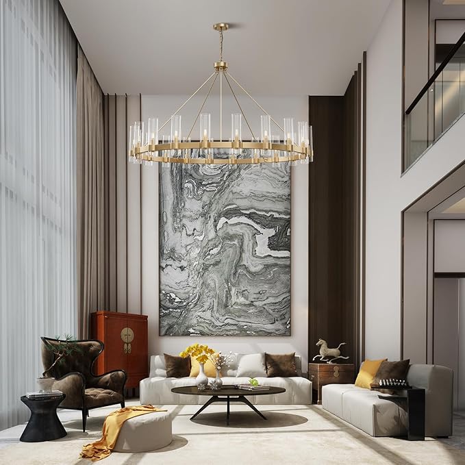 60 Inch Gold Chandelier, Wagon Wheel Chandelier with Glass Shade, 20-Lights Large Round Modern Farmhouse High Ceiling Pendant Lighting Fixture for Dining Room, Living Room, Kitchen, Foyer