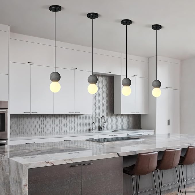 Modern Black 1-Light Concrete Pendant Light Kitchen Island Ceiling Light Fixture White Glass Globe Ball Pendant Lighting for Dining Room Coffee Club Resturant Bar Living Room(3-Pack)