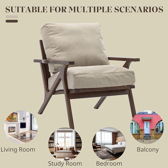 Wahson Set of 2 Mid Century Arm Chairs and Ottomans, Upholstered Accent Armchair with Wood Frame and Canvas Cushions, Leisure Slipper Chair for Living Room/Bedroom, Beige