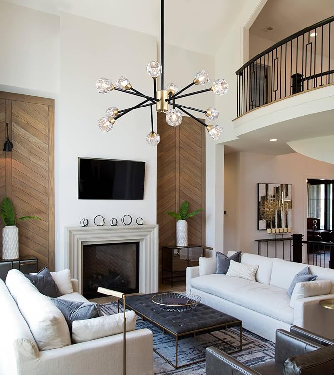 AMZASA Crystal Chandeliers, Modern Black and Gold Sputnik Pendant Lighting, 12 Lights Mid Century Ceiling Light Fixtures for Dining Room Kitchen Island Living Room Bedroom Bar,UL