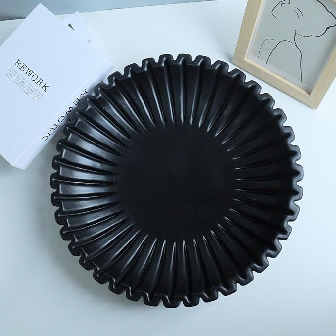 15" Large Decorative Bowl decor , Scalloped Decorative Bowls for Modern Home Decor,Ruffle Decor,Stylish Key Bowl for Entry Table,Decorative Fruit Bowl for Kitchen Counter,Artificial Stone Black