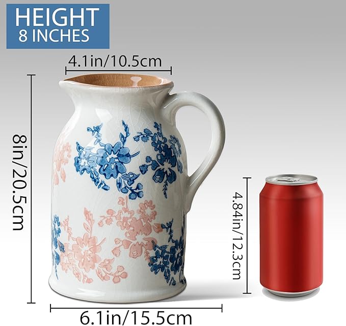 Pink Blue and White Pitcher Vase, 8 Inch Vintage Chinoiserie Ceramic Flower Vase, Rustic Retro Ice Cracked Antique Porcelain Vases for Home Farmhouse Table Centerpieces Shelf Decor ﻿