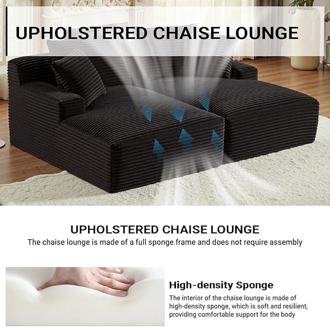 Oversized Double Chaise Lounge, Corduroy Boneless Couch, Modern Oversized Chaise Lounge, Upholstered Sleeper Sectional Sofa Daybed with Throw Pillows and Armrest for Living Room, Black
