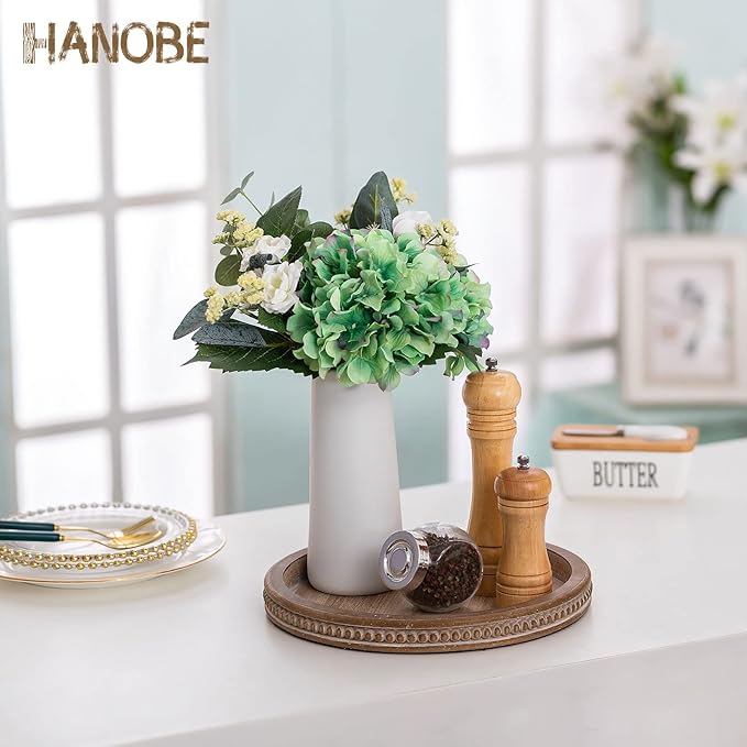 Hanobe Decorative Serving Tray Round: Brown Beaded Trays for Coffee Table Rustic Wooden Candle Holder Decor Farmhouse Vintage Centerpiece for Living Room Kitchen Counte