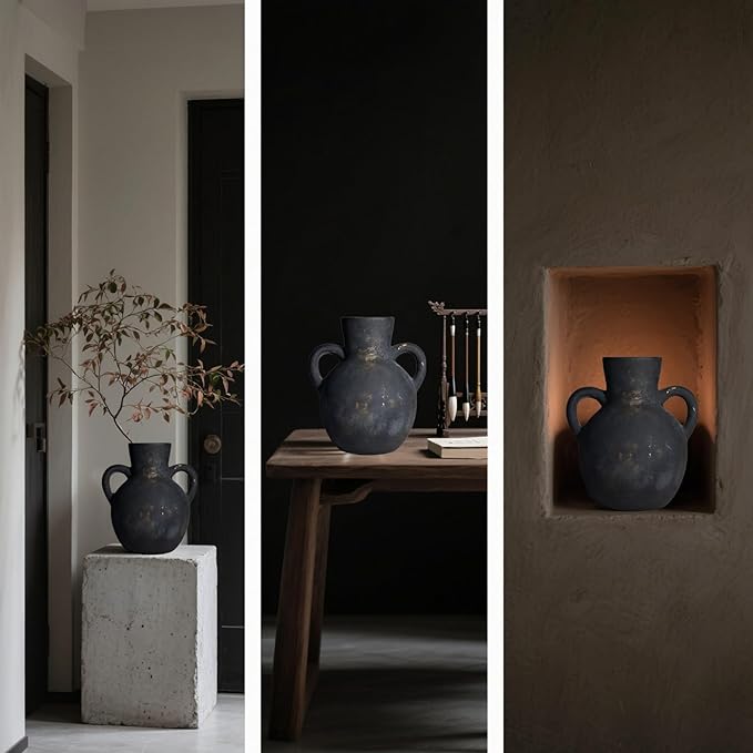 Ceramic Flower Vase,7.3 inch Tall Farmhouse Rustic Vase, Handcrafted Weathered Pottery Vases, Small Flower Terracotta Vases for Home Decor, Living Room Farmhouse Table Shelf Entrance(Black)