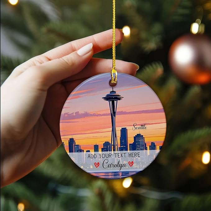 Personalized Seattle Washington City Skyline Ceramic Christmas Ornament, Seattle Space Needle Christmas Tree Ornament 2025, Custom Text/Name Washington State Landscape Xmas Keepsake Ornaments Gift