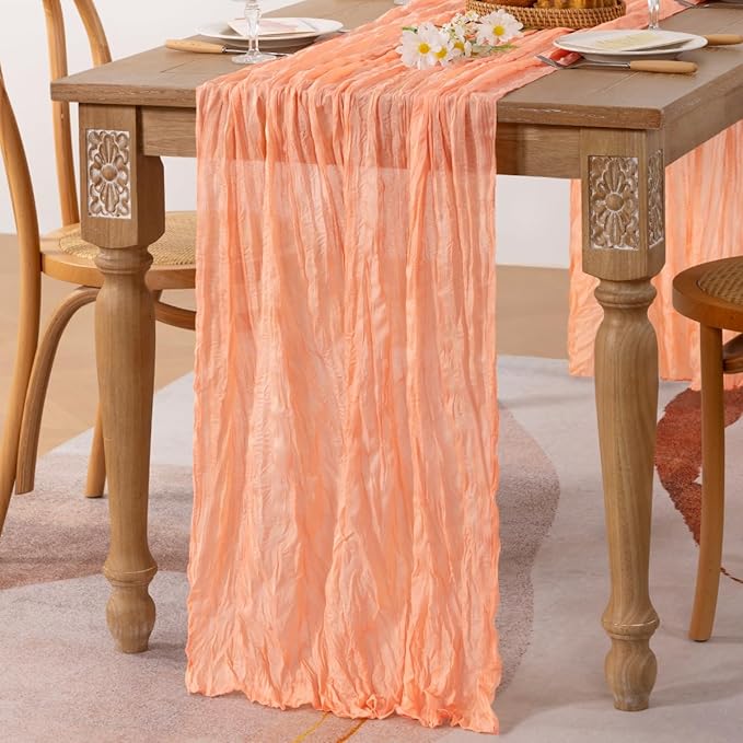 MLMC Peach Pink Cheesecloth Table Runner 10ft Rustic Fall Gauze Coral Cheese Cloth Table Runner 35x120 Inches for Wedding Bridal Baby Shower Thanksgiving Party Decor