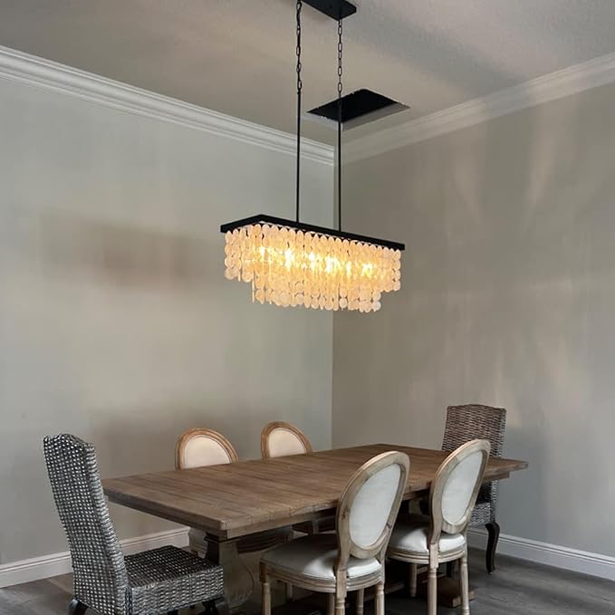 TOCHIC Rectangular Capiz Shell Chandelier, Coastal Beach Lighting 6 Lights, Modern Black Chandelier Shell Pendant Light for Kitchen Island, Dining Rooms, 2 Tier, 39.3" L