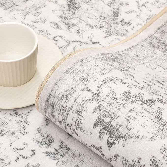 Gray Runner Rug 3x10 Hallway Machine Washable Kitchen Vintage Distressed Non Slip Long Carpet Indoor Grey Retro Floral Bedroom Accent Throw Rug for Bathroom Office Laundry Dining Living Room