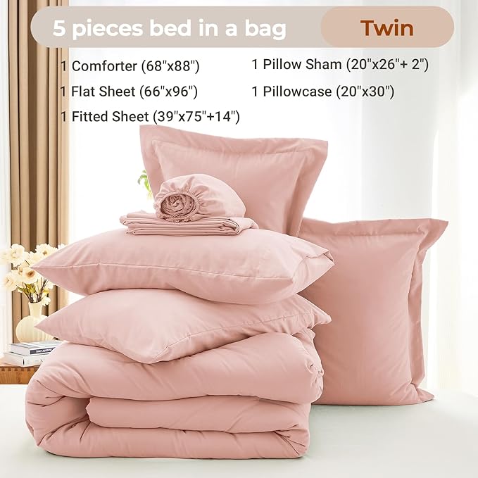 MUXHOMO 5 Pieces Twin Comforter Set, Soft Bed in a Bag Twin Size, All Season Bedding Set with Comforter, Flat Sheet, Fitted Sheet, Pillowcases & Shams, Rose Gold